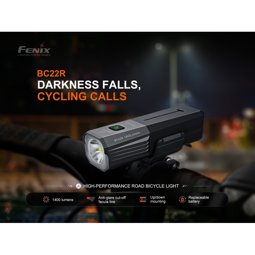 Fenix BC22R - Lampe de vélo rechargeable LED à intensité réglable LED/USB 3400 mAh IP66 1400 lm 41 h noire