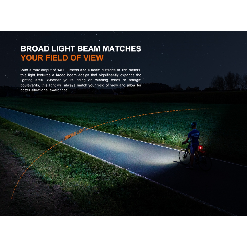 Fenix BC22R - Lampe de vélo rechargeable LED à intensité réglable LED/USB 3400 mAh IP66 1400 lm 41 h noire