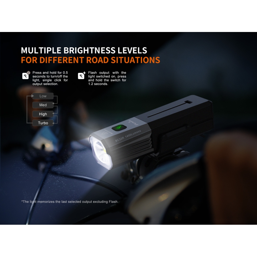 Fenix BC22R - Lampe de vélo rechargeable LED à intensité réglable LED/USB 3400 mAh IP66 1400 lm 41 h noire