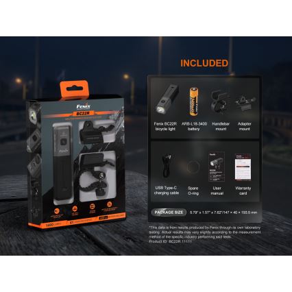 Fenix BC22R - Lampe de vélo rechargeable LED à intensité réglable LED/USB 3400 mAh IP66 1400 lm 41 h noire