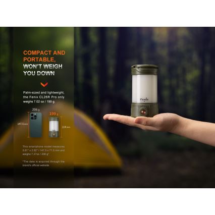 Fenix CL26RPROCAM - Lampe portable rechargeable à intensité variable LED/USB IP66 650 lm 408 h 5000 mAh gris