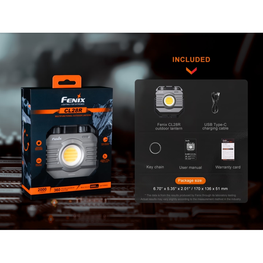 Fenix CL28R - Projecteur à intensité variable rechargeable avec une batterie portative LED/USB IP66 2000 brillant 360 h 10000 mAh