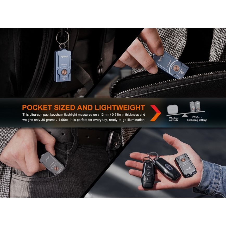 Fenix E03RV20BLU - Lampe torche rechargeable LED/USB IP66 500 lm 30 h