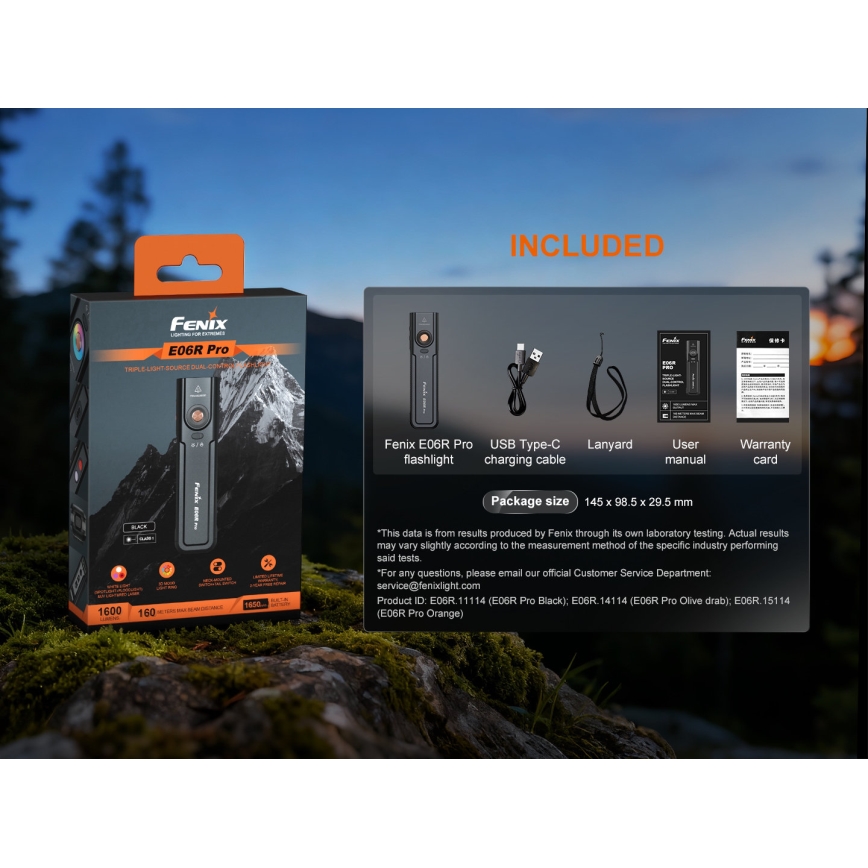 Fenix E06RPROEUBLC- Lampe de poche LED rechargeable à intensité réglable LED/USB 1650 mAh IP66 1600 lm 111 h noire