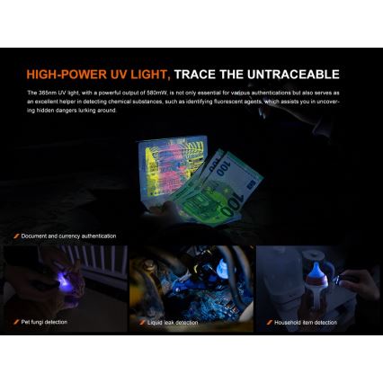 Fenix E06RTKS- Lampe torche UV à intensité variable rechargeable LED/USB IP66 700 turquoise brillant