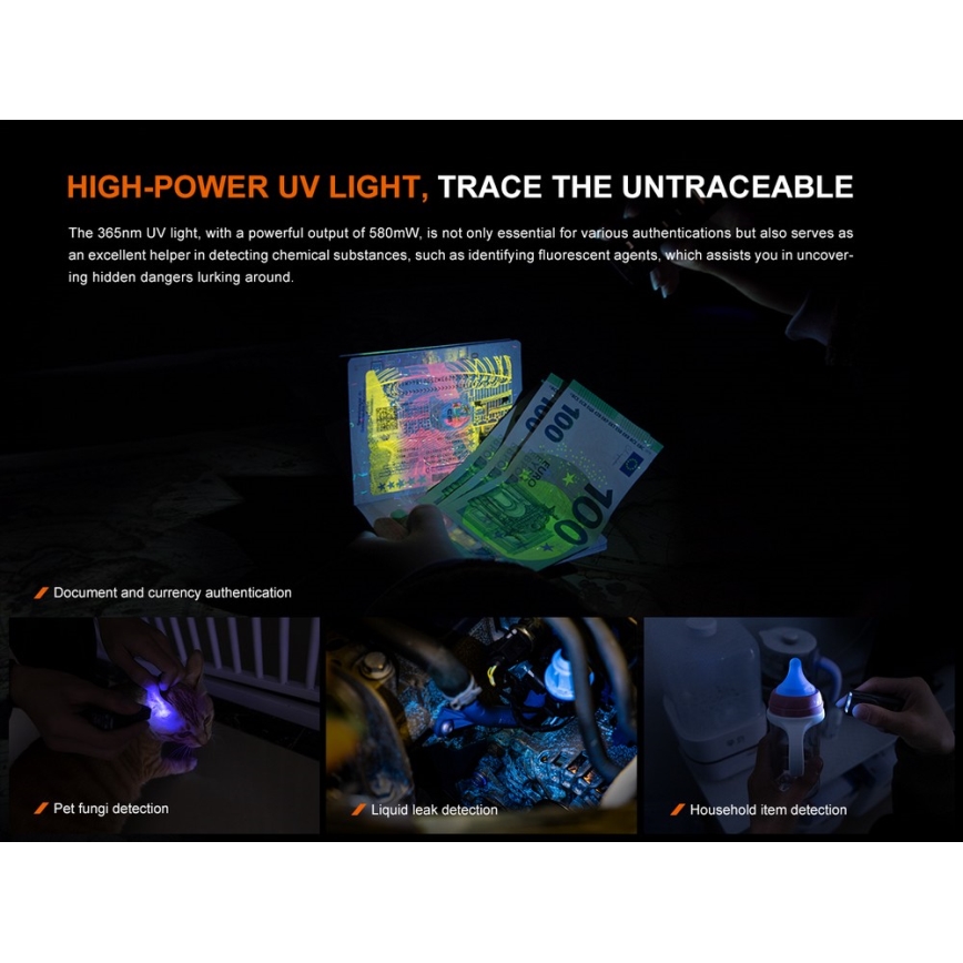 Fenix E06RTKS- Lampe torche UV à intensité variable rechargeable LED/USB IP66 700 turquoise brillant