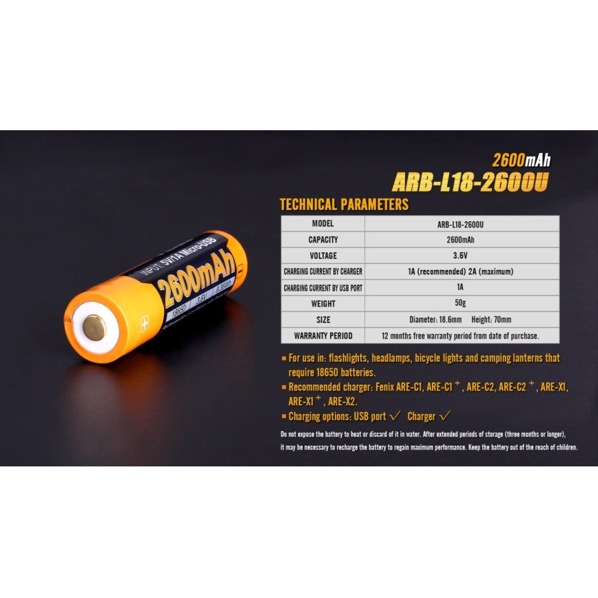 Fenix FE18650LI26USB - 1 pièce Batterie rechargeable USB 3,6 V 2600 mAh