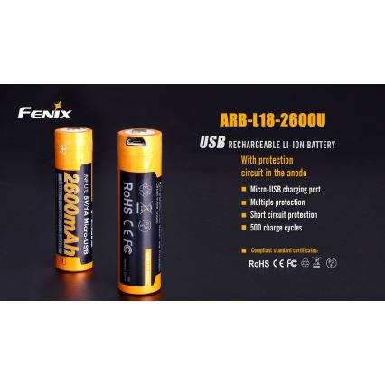 Fenix FE18650LI26USB - 1 pièce Batterie rechargeable USB 3,6 V 2600 mAh