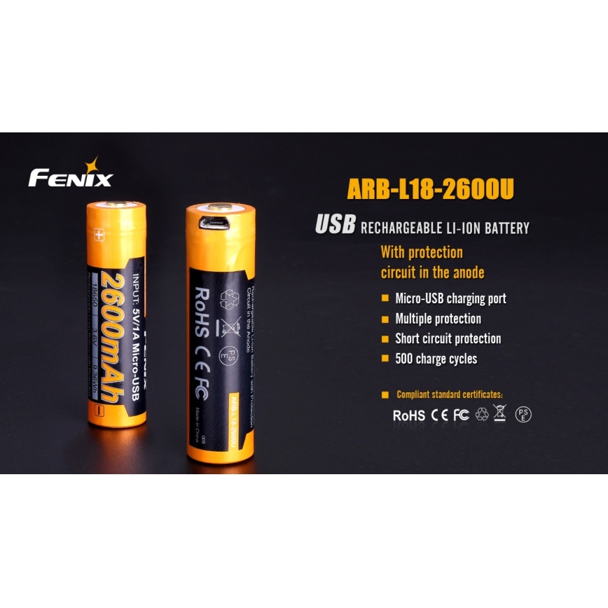 Fenix FE18650LI26USB - 1 pièce Batterie rechargeable USB 3,6 V 2600 mAh