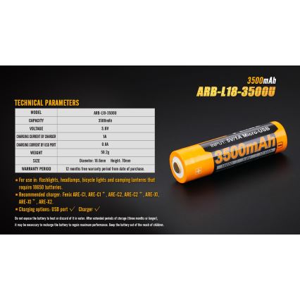 Fenix FE18650LI35USB - 1 pièce Batterie rechargeable USB/3,6 V 3500 mAh