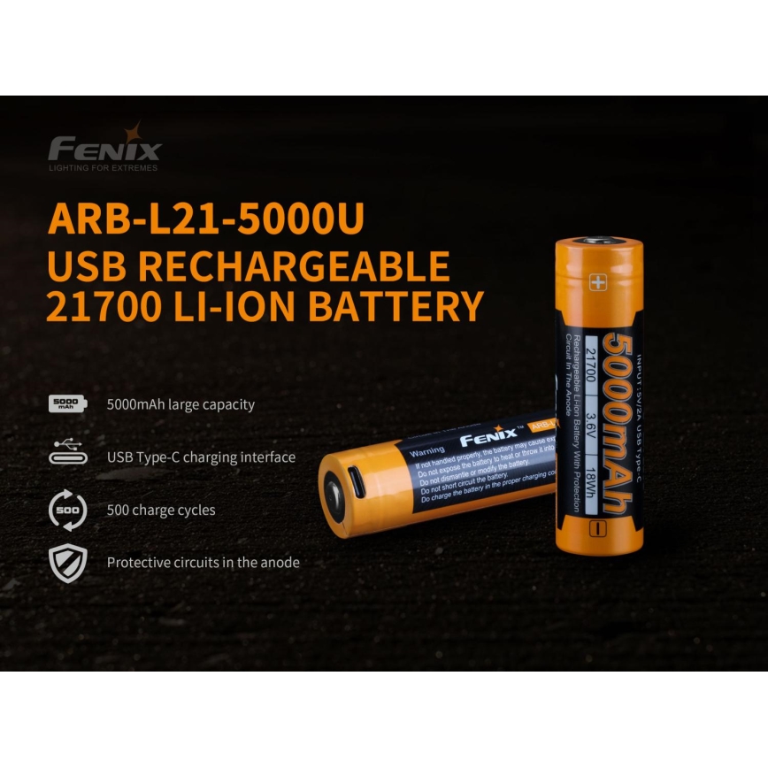 Fenix FE21700USB - 1 pièce Batterie rechargeable USB / 3,6 V 5000 mAh