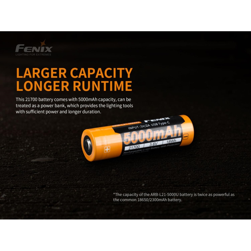 Fenix FE21700USB - 1 pièce Batterie rechargeable USB / 3,6 V 5000 mAh