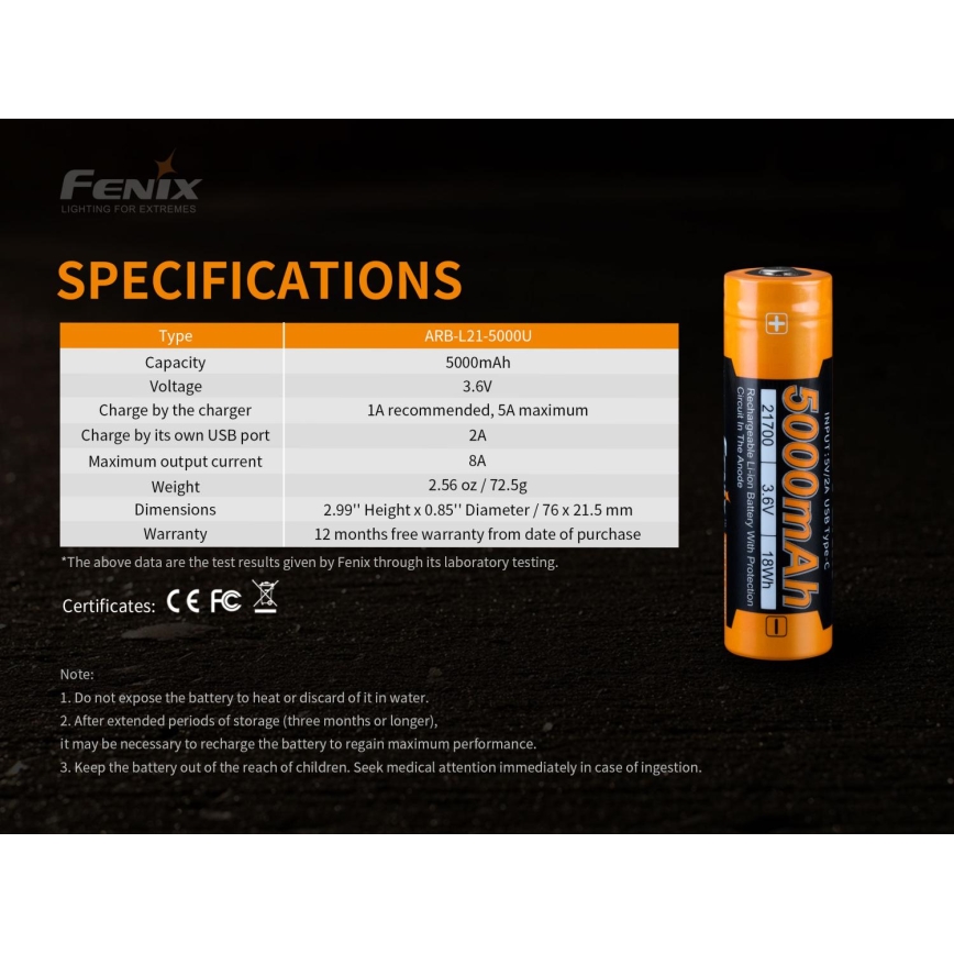 Fenix FE21700USB - 1 pièce Batterie rechargeable USB / 3,6 V 5000 mAh