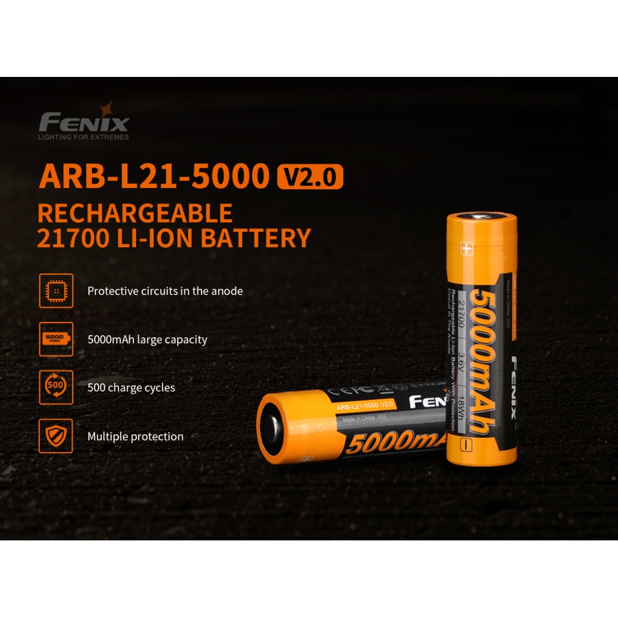 Fenix FE21700V20 - 1 pièce Batterie rechargeable 21700/3,6V 5000 mAh