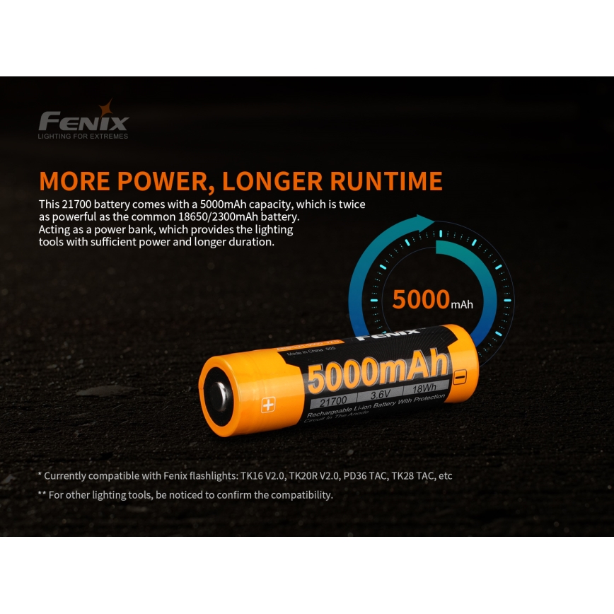 Fenix FE21700V20 - 1 pièce Batterie rechargeable 21700/3,6V 5000 mAh