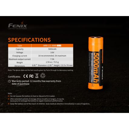 Fenix FE21700V20 - 1 pièce Batterie rechargeable 21700/3,6V 5000 mAh