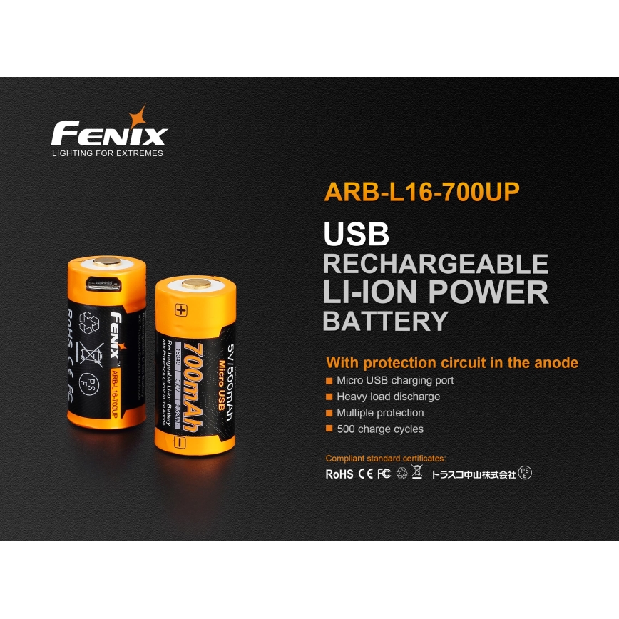 Fenix FERCR123ALIIONUP - 1 pièce Batterie rechargeable USB/3,6V 700 mAh