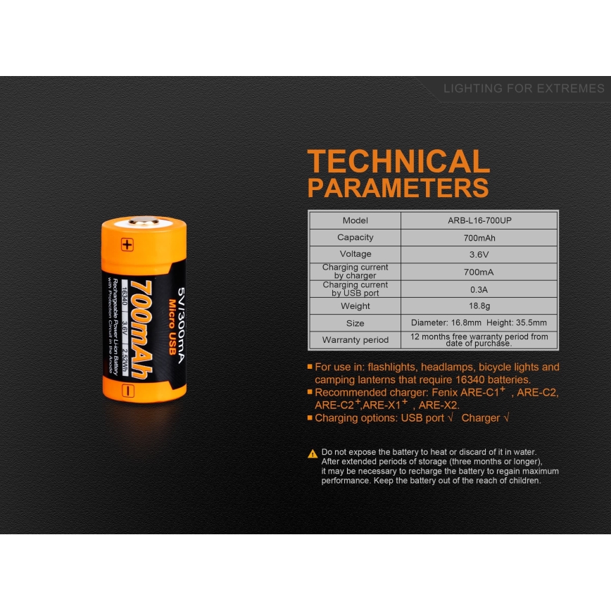 Fenix FERCR123ALIIONUP - 1 pièce Batterie rechargeable USB/3,6V 700 mAh