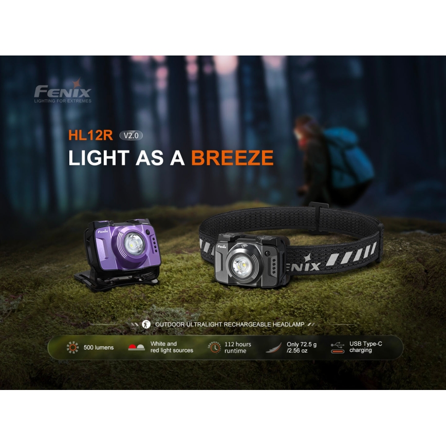 Fenix HL12RV20BLC - Lampe frontale rechargeable LED à intensité variable LED/USB 950 mAh IP66 500 lm jusqu'à 112 h noire