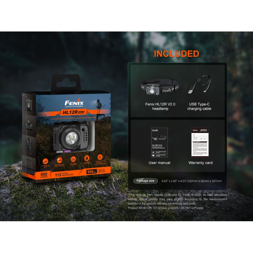 Fenix HL12RV20BLC - Lampe frontale rechargeable LED à intensité variable LED/USB 950 mAh IP66 500 lm jusqu'à 112 h noire
