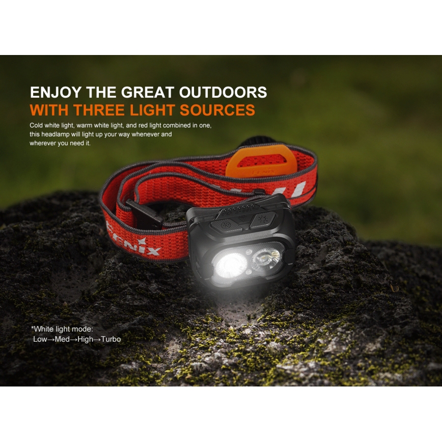 Fenix HL18RTV20BLC - Lampe frontale à intensité variable rechargeable LED/USB IP66 800 lm 160 h noir/orange