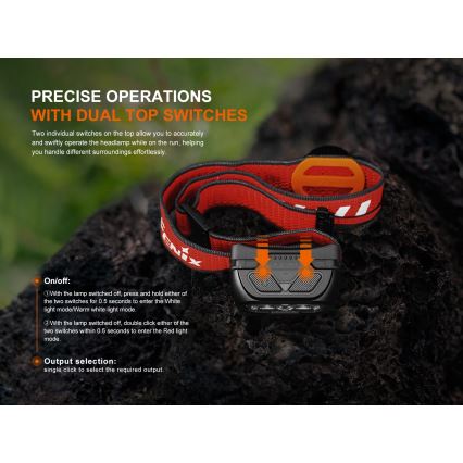 Fenix HL18RTV20BLC - Lampe frontale à intensité variable rechargeable LED/USB IP66 800 lm 160 h noir/orange