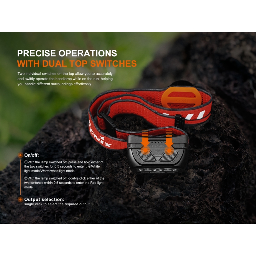 Fenix HL18RTV20BLC - Lampe frontale à intensité variable rechargeable LED/USB IP66 800 lm 160 h noir/orange