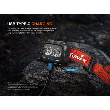 Fenix HL18RTV20BLC - Lampe frontale à intensité variable rechargeable LED/USB IP66 800 lm 160 h noir/orange