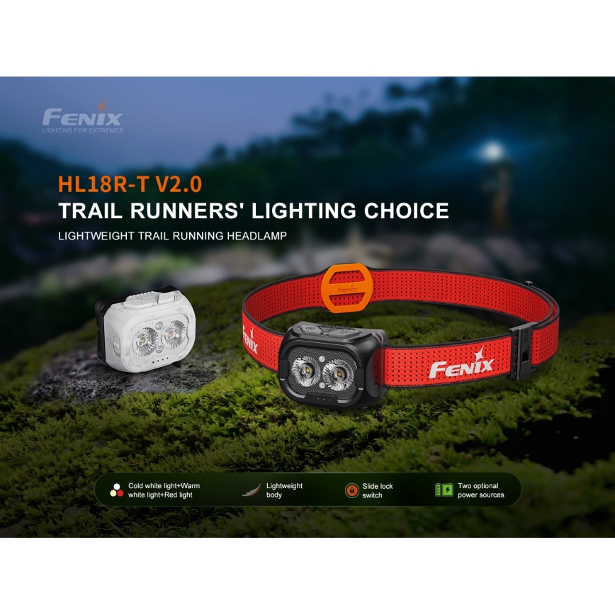 Fenix HL18RTV20WHT - Lampe frontale à intensité variable rechargeable LED/USB IP66 800 brillant 160 h blanc/noir