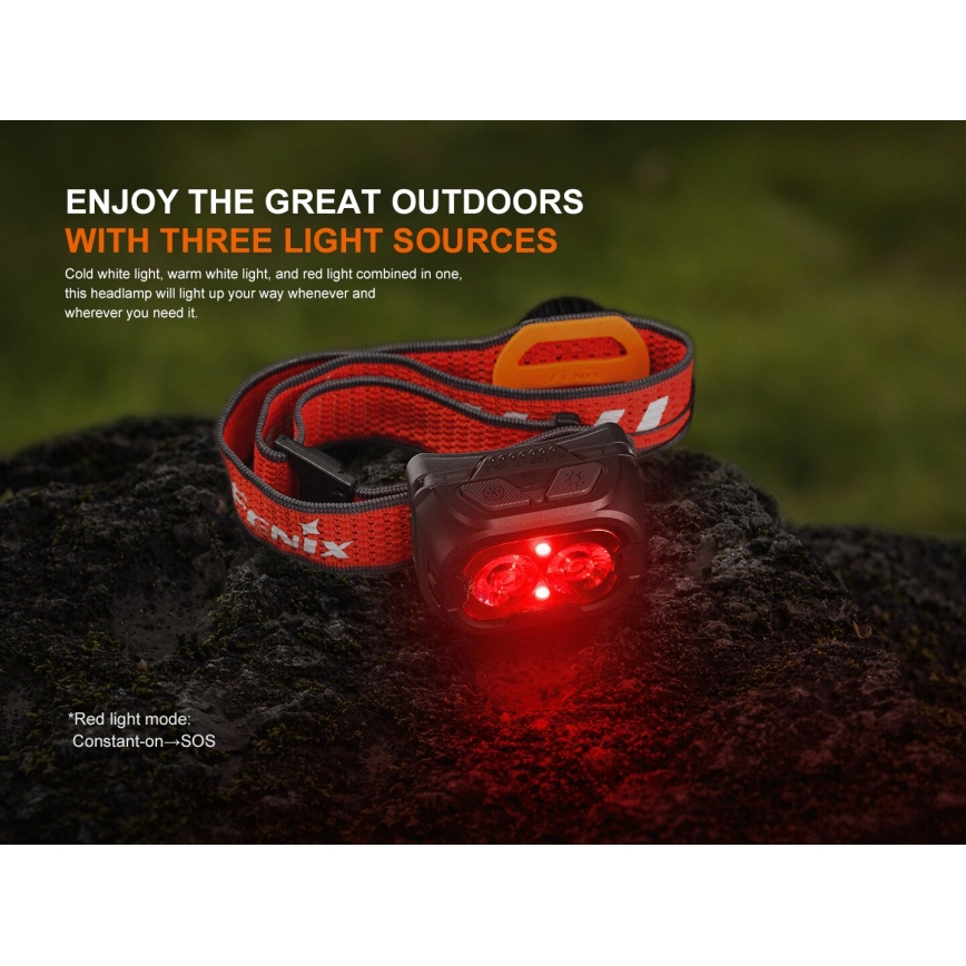 Fenix HL18RTV20WHT - Lampe frontale à intensité variable rechargeable LED/USB IP66 800 brillant 160 h blanc/noir
