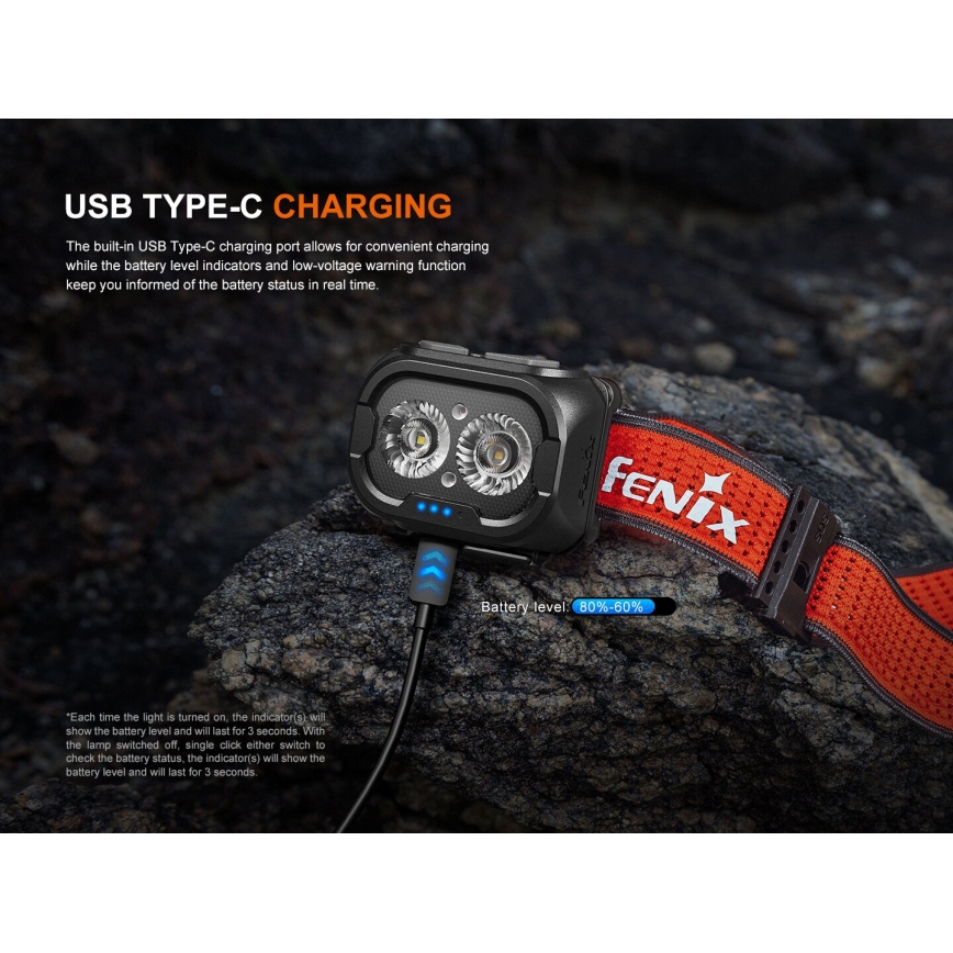 Fenix HL18RTV20WHT - Lampe frontale à intensité variable rechargeable LED/USB IP66 800 brillant 160 h blanc/noir