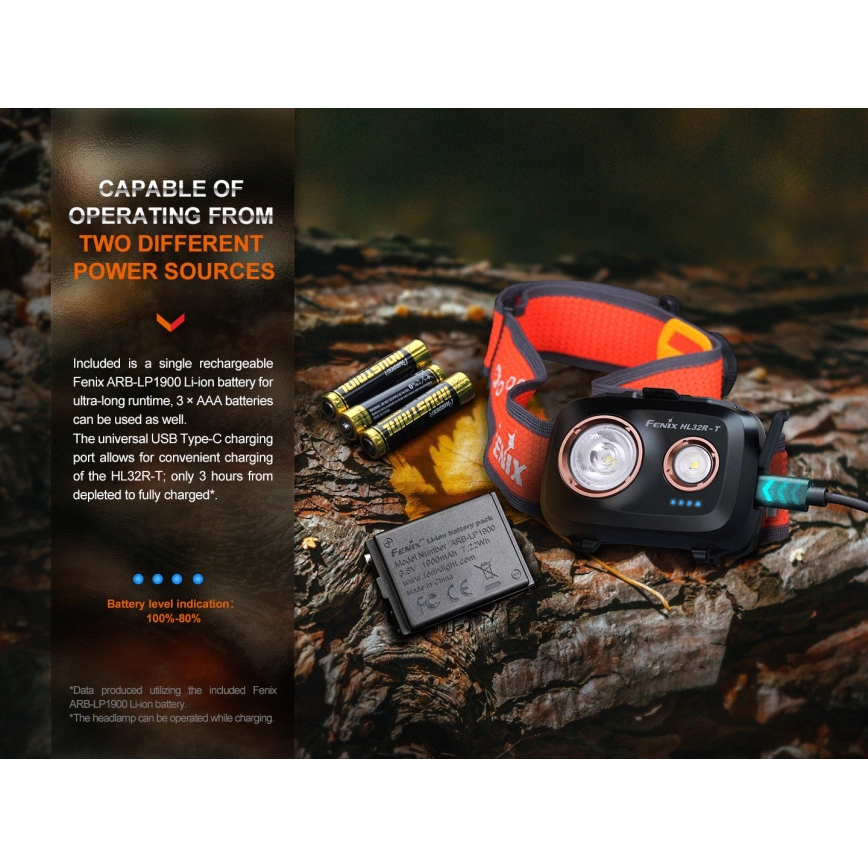 Fenix HL32RTBLCK - Lampe frontale rechargeable LED/USB/3xAAA IP66 800 brillant 300 h 1900 mAh noir/orange