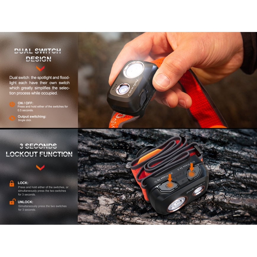 Fenix HL32RTBLCK - Lampe frontale rechargeable LED/USB/3xAAA IP66 800 brillant 300 h 1900 mAh noir/orange