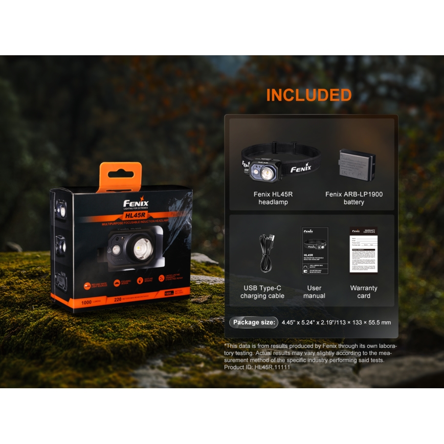 Fenix HL45R - Lampe frontale de focalisation à intensité variable rechargeable LED/USB IP66 1000 brillant 240 h noir