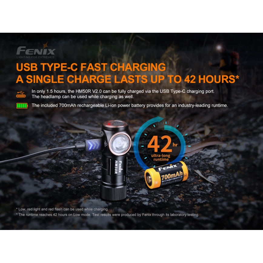 Fenix HM50RV20 - Lampe frontale rechargeable 3xLED/USB/1xCR123A IP68 700 brillant 120 h 700 mAh