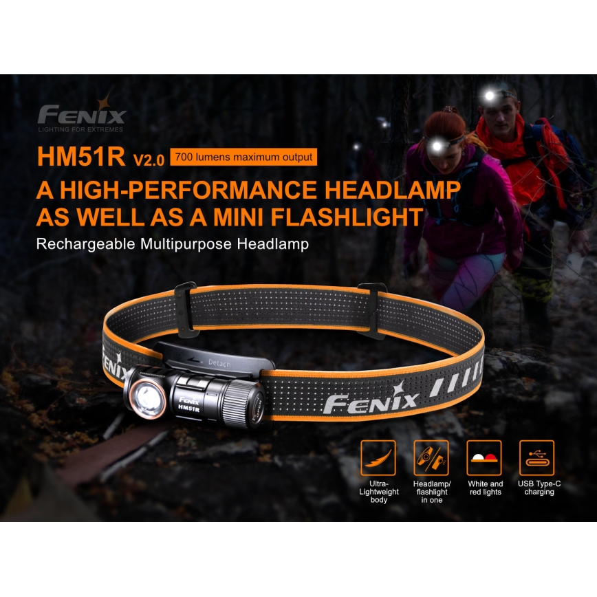 Fenix HM51RV20 - Lampe frontale rechargeable 3xLED/1xCR123A/USB IP68 700 brillant 120 h 700 m