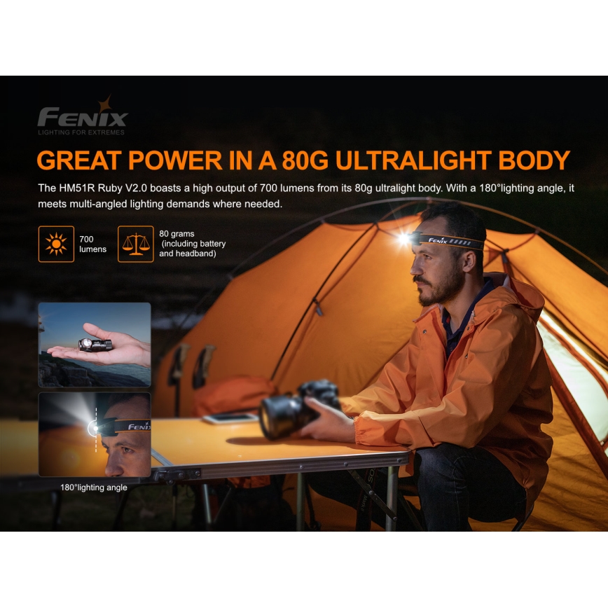 Fenix HM51RV20 - Lampe frontale rechargeable 3xLED/1xCR123A/USB IP68 700 brillant 120 h 700 m