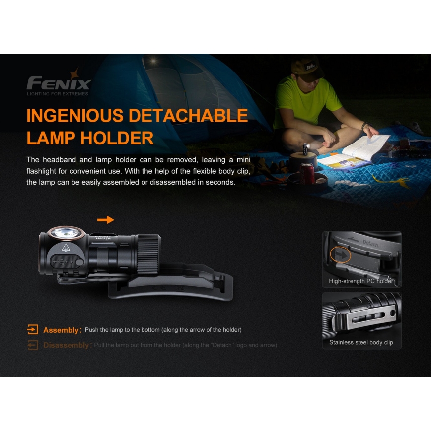 Fenix HM51RV30 - lampe frontale rechargeable à intensité variable LED/USB/1xCR123A 950 mAh IP68 860 lm 125 h orange
