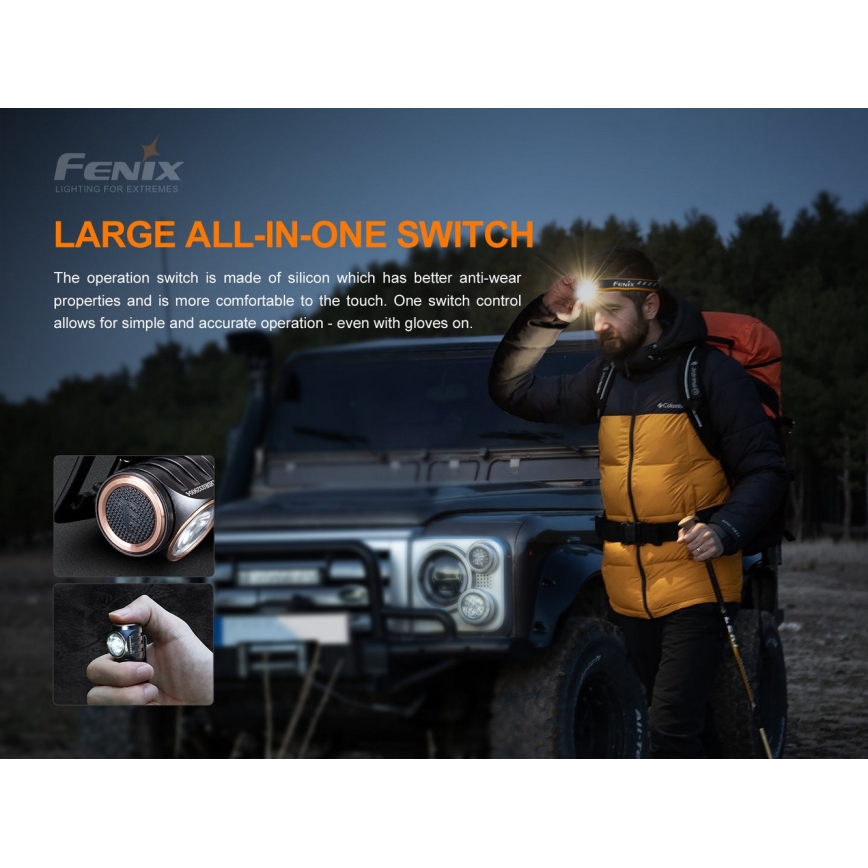 Fenix HM51RV30 - lampe frontale rechargeable à intensité variable LED/USB/1xCR123A 950 mAh IP68 860 lm 125 h orange