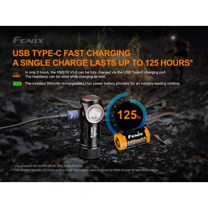 Fenix HM51RV30 - lampe frontale rechargeable à intensité variable LED/USB/1xCR123A 950 mAh IP68 860 lm 125 h orange
