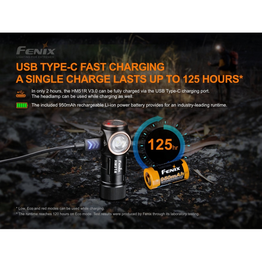 Fenix HM51RV30 - lampe frontale rechargeable à intensité variable LED/USB/1xCR123A 950 mAh IP68 860 lm 125 h orange