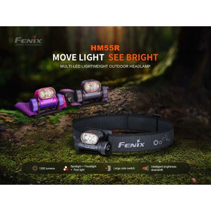 Fenix HM55RABL - Lampe frontale LED rechargeable à intensité réglable, LED/USB/1xCR123A, 1600 mAh, IP68, 1200 lm, 141,2 h, noire