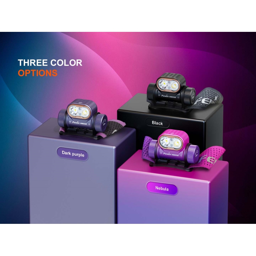 Fenix HM55RABL - Lampe frontale LED rechargeable à intensité réglable, LED/USB/1xCR123A, 1600 mAh, IP68, 1200 lm, 141,2 h, noire