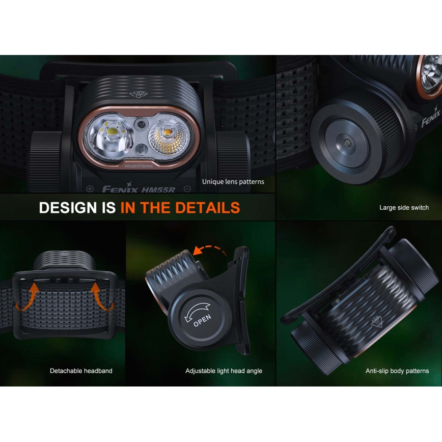 Fenix HM55RABL - Lampe frontale LED rechargeable à intensité réglable, LED/USB/1xCR123A, 1600 mAh, IP68, 1200 lm, 141,2 h, noire