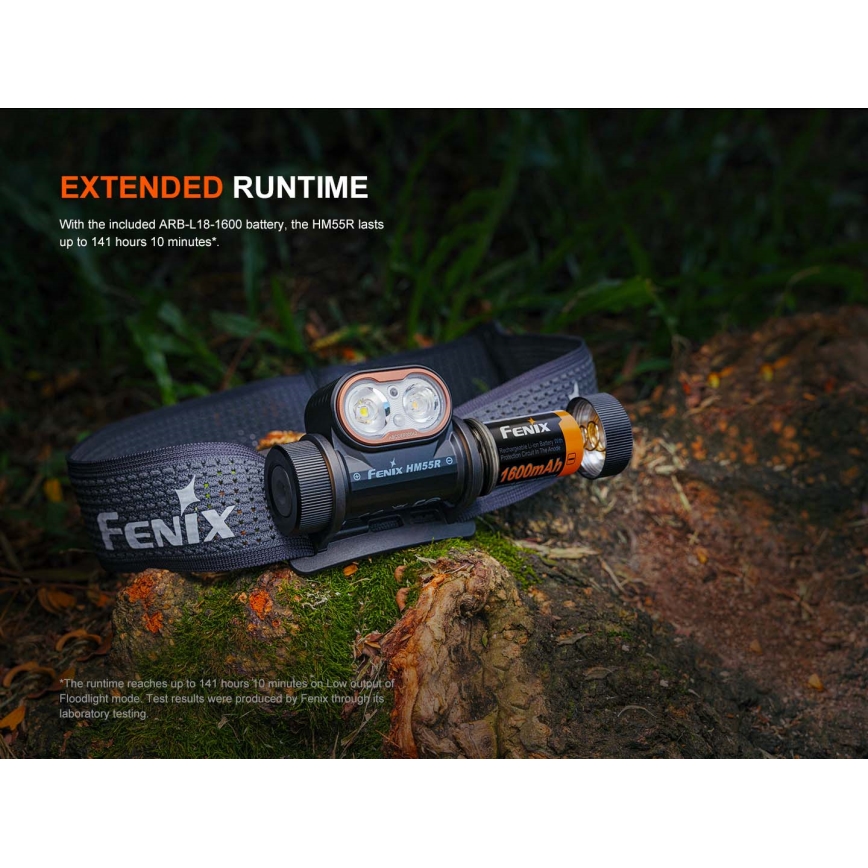 Fenix HM55RABL - Lampe frontale LED rechargeable à intensité réglable, LED/USB/1xCR123A, 1600 mAh, IP68, 1200 lm, 141,2 h, noire