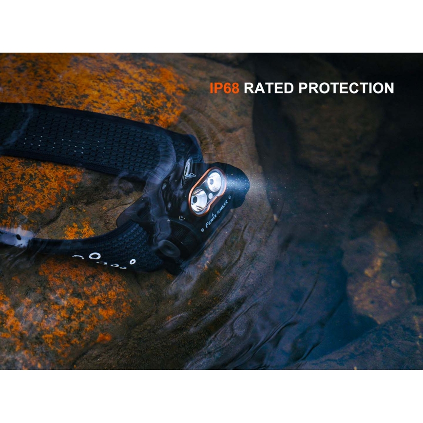 Fenix HM55RABL - Lampe frontale LED rechargeable à intensité réglable, LED/USB/1xCR123A, 1600 mAh, IP68, 1200 lm, 141,2 h, noire