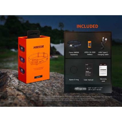 Fenix HM55RABL - Lampe frontale LED rechargeable à intensité réglable, LED/USB/1xCR123A, 1600 mAh, IP68, 1200 lm, 141,2 h, noire