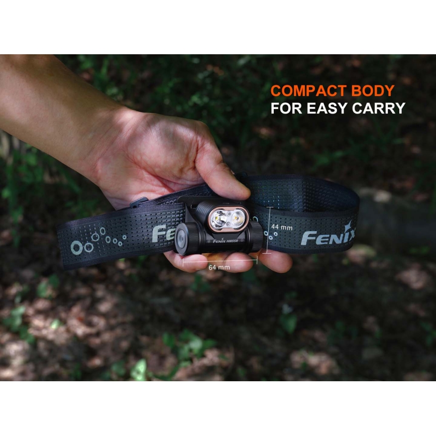 Fenix HM55RABL - Lampe frontale LED rechargeable à intensité réglable, LED/USB/1xCR123A, 1600 mAh, IP68, 1200 lm, 141,2 h, noire