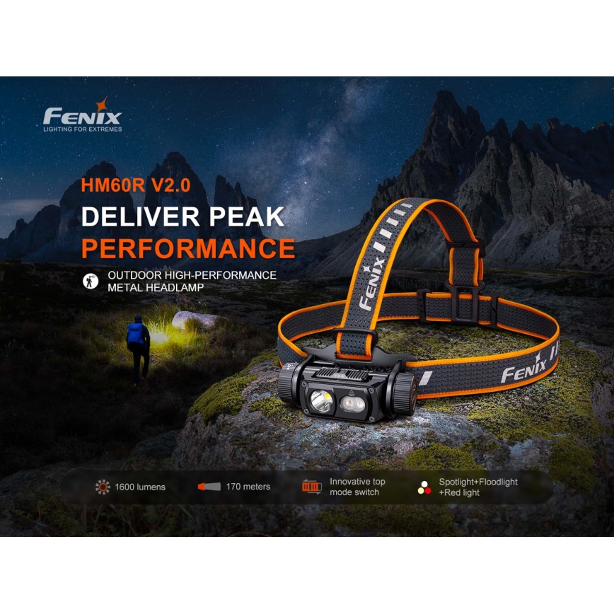 Fenix HM60RV20 - Lampe frontale LED rechargeable à intensité réglable LED/USB 4000 mAh IP68 1600 lm 292 h orange