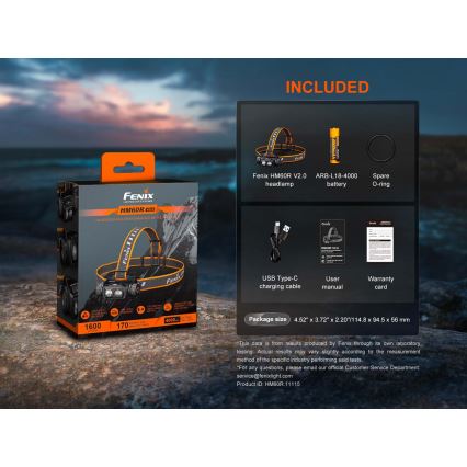 Fenix HM60RV20 - Lampe frontale LED rechargeable à intensité réglable LED/USB 4000 mAh IP68 1600 lm 292 h orange
